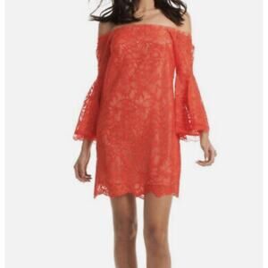 Trina Turk Red Floral Lace Akamai Off Shoulder Bell Sleeve 4 Mini Dress Holidays
